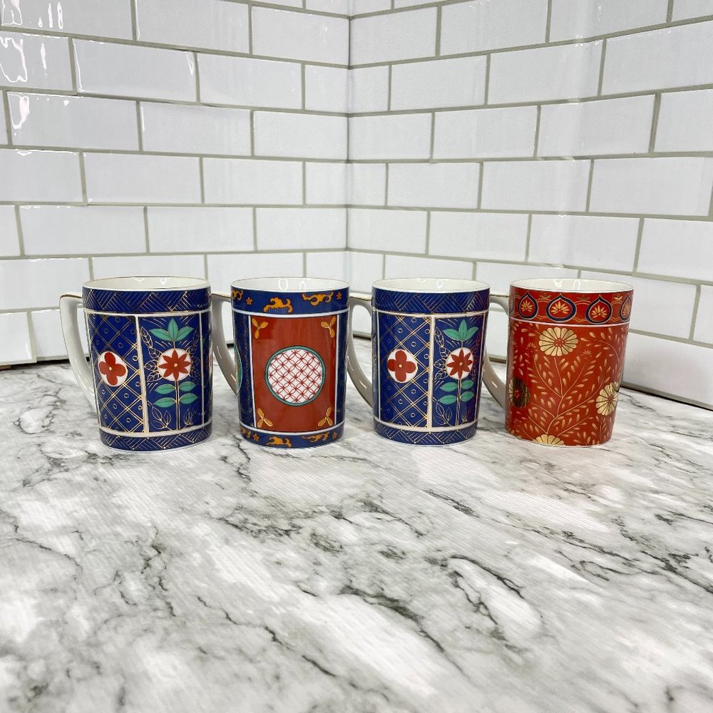Neiman Marcus Imari Style Set of 4 Mugs Coffee Tea Cups Hand Painted Japan